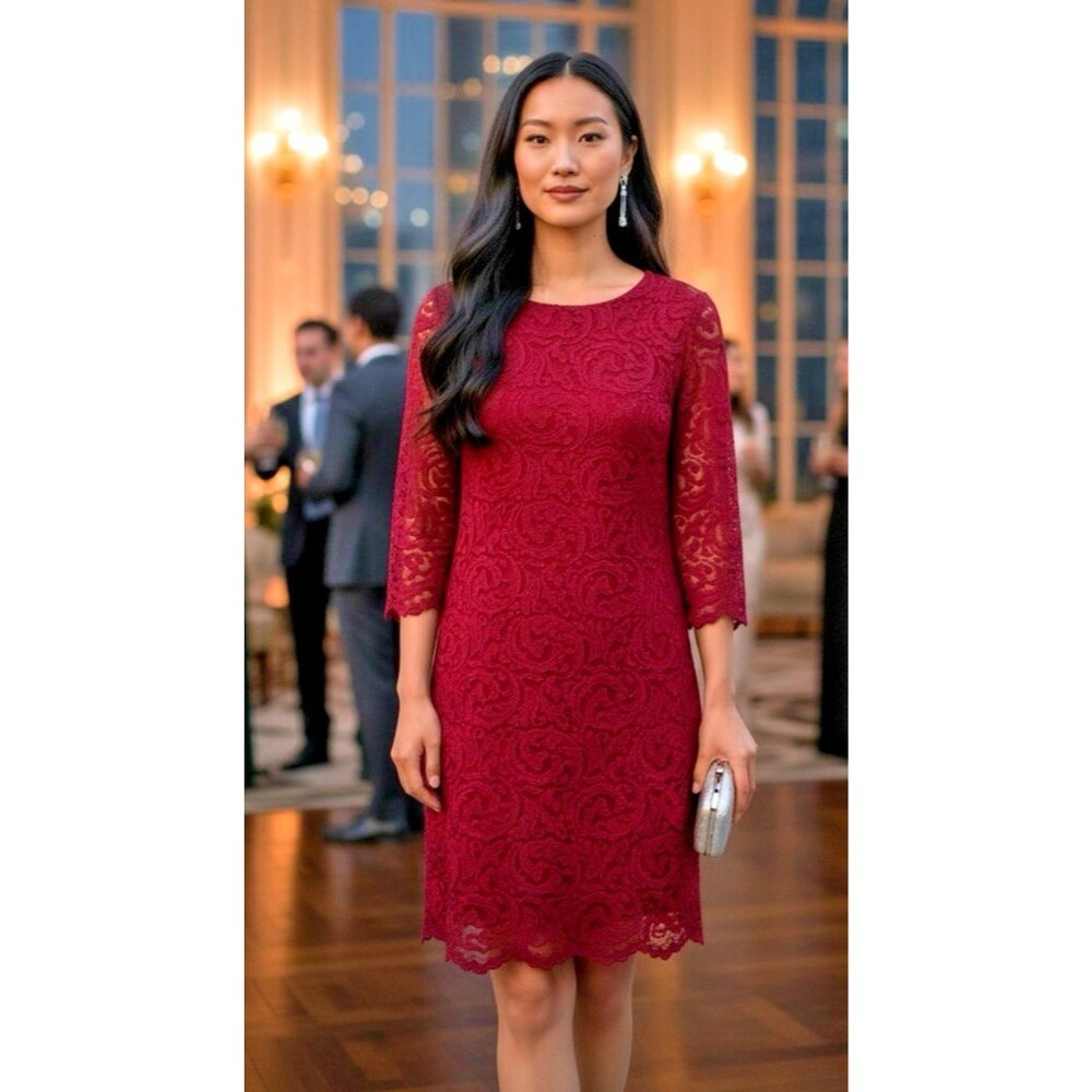 Garnet Hill NEW! red lace overlay 3/4 sleeve A-line dress sz 10 glam quality